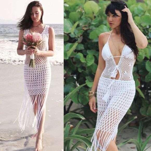 Anna Kosturova Gypsy Crochet Fringe Skirt Midi Cover Up Handmade White Small